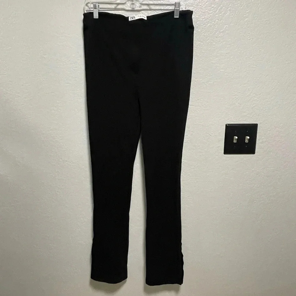 Zara Black Pleated Zip Up Leggings With Slit Hem LARGE